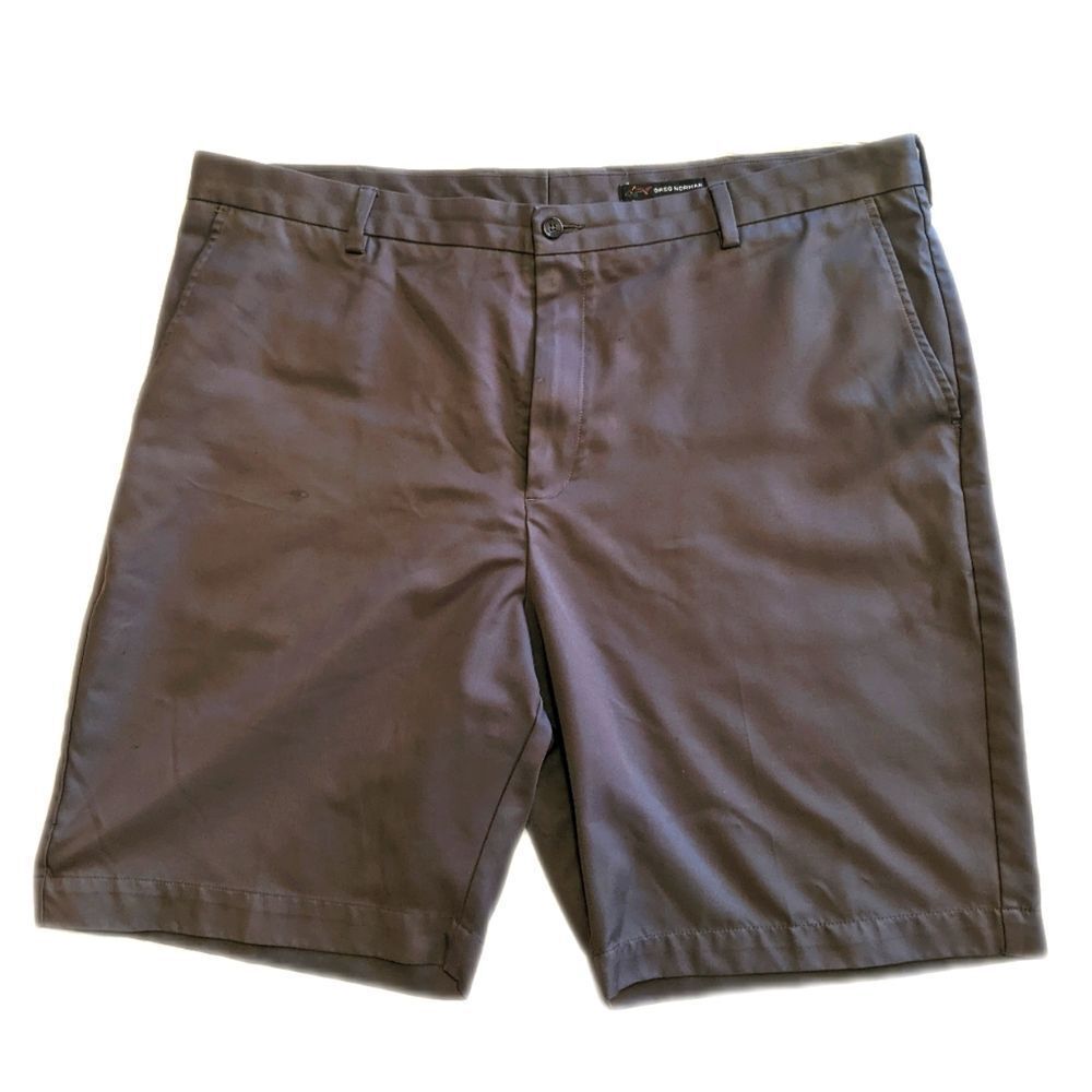 5/$55 Greg Norman 10" inseam golf shorts, grey, shark logo back pockets 42